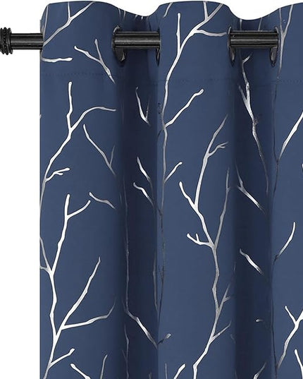 BUHUA Thermal Insulated Curtains Blackout Grommet Thermal Insulated Shinny Tree Branches Print Curtain for Bedroom, Navy Blue, 38W x 72L, Set of 2 Panels