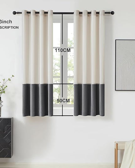 BULBUL Color Block Window Curtains Panels 63 inches Long Cream Ivory Grey Velvet Farmhouse Drapes for Bedroom Living Room Darkening Treatment with Grommet Set of 2