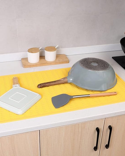Silicone Dish Drying Mat for Multiple Usage,Easy clean,Eco-friendly,Heat-resistant Silicone Mat for Kitchen Counter or Sink,Refrigerator or Drawer Liner Yellow 4XL 32 inches x 18 inches