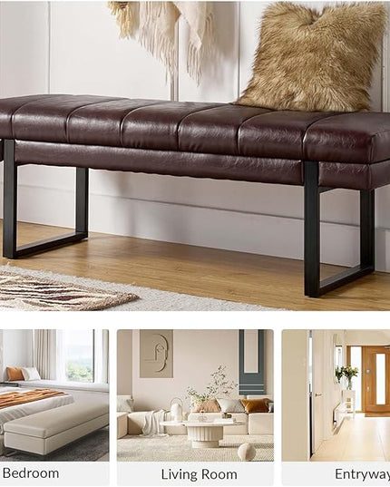 HULALA HOME 53" Faux Leather Entryway Bench, Button Tufted End of Bed Bench Ottoman for Bedroom, Living Room with Metal Base,Brown