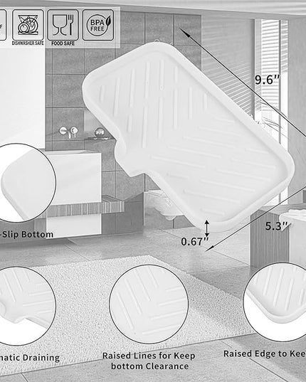 Silicone Bathroom Soap Dishes with Drain Spout-Bathroom and Kitchen Sink Organizer,Sponge Holder,Dish Soap Tray,Perfect for Dispenser,Scrubber,Bottle,Cup on Sink or Counter-White 9.6"×5.3"