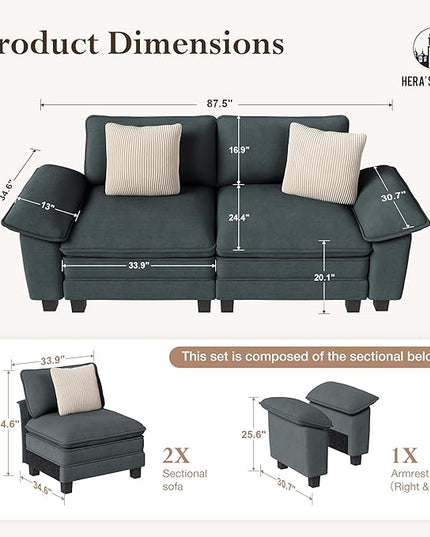 HERA'S HOUSE 88" Modular Sectional Sofa, Loveseat Couches for Living Room, Comfy Cloud Couch 2-Seater Deep Seat Sofa with Throw Pillow, Chenille Blue