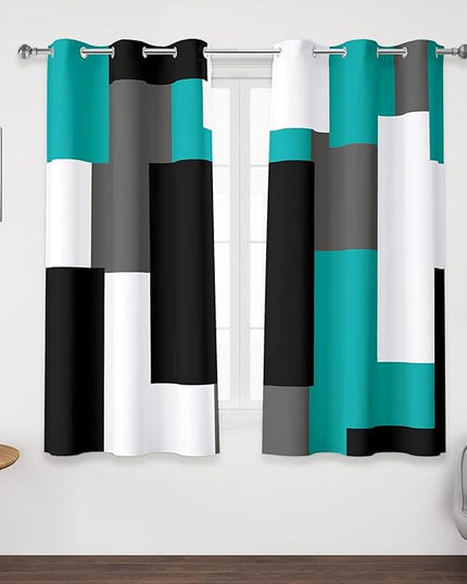 Teal/Turquoise 100% Blackout Curtains 45 inch Length 2 Panels Set Black White Grey Modern Abstract Geometric Drapes for Kitchen Curtains Insulated Room Darkening Small Window Curtains, 42Wx45L