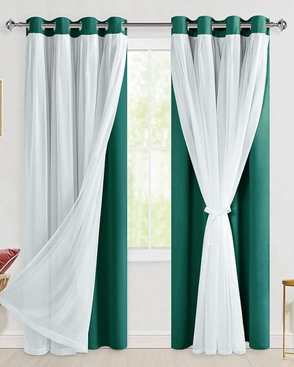 Hiasan Blackout Curtains with Sheer Overlay, Thermal Insulated Privacy Double Layer Mix & Match Grommet Window Curtains for Christmas,Living Room, 2 Drape Panels with Tiebacks, Hunter Green, 52W X 84L