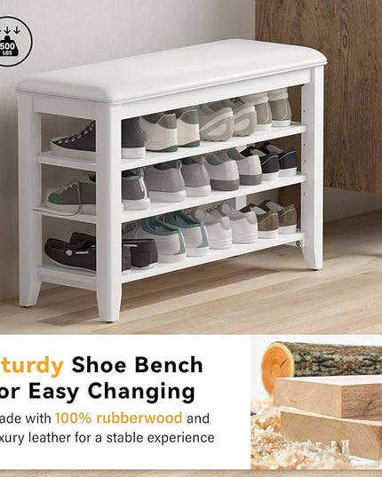 Entryway Shoe Storage Bench with Leather Cushion, Shoe Organizer Bench for Entryway, Ideal for Hallways Front Doors Entrances Mudrooms Featuring Rubberwood And 3 Height-Adjustable & Removable Shelve