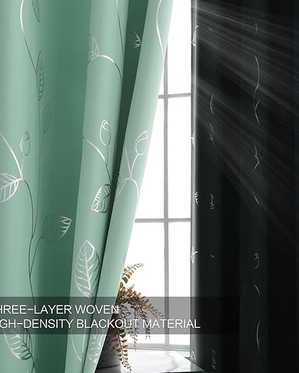 BUHUA Wave Silver Leaf Print Blackout Curtains for Living Room Darkening Curtains Light Blocking Curtains for Bedroom 52W×72L Aqua 2 Panels