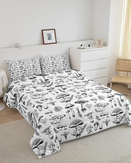 Mushroom Kids Comforter Set King Size,Abstract Hand Drawn Sketch Rustic Bedding Set,Boys Girls Room Decor,Botanical Plants Weed Flowers Down Comforter,Black White Retro Duvet Insert,2 Pillowcases