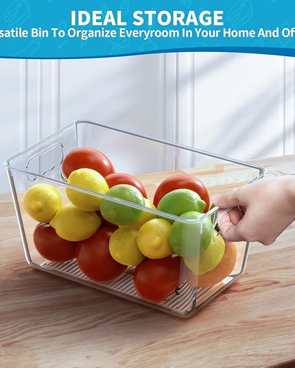 Clear Pantry Organizer Bins, Storage Containers & Plastic Containers with Handle, Cabinet Organizer, Home Organization Must Haves for Kitchen, Laundry Room, Office, Closet & Freezer (6 Pack)