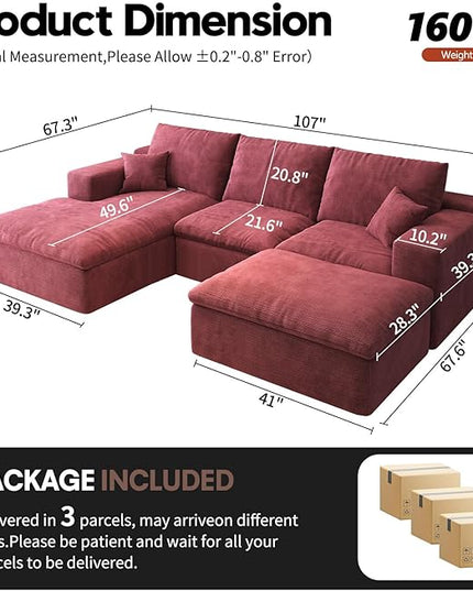 107'' U-Shaped Modern Modular Sectional Cloud Couch Whit Ottoman, 4-Seat Chenille Deep-Seat Sofa with Pillow for Living Room, Bedroom, Apartment, Wine Red