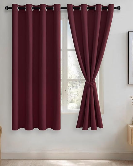 JIUZHEN Burgundy Blackout Curtains with Tiebacks Thermal Insulated, Light Blocking and Noise Reducing Grommet Curtains for Bedroom and Living Room, Set of 2 Window Curtain Panels, 52 x 63 Inch Length