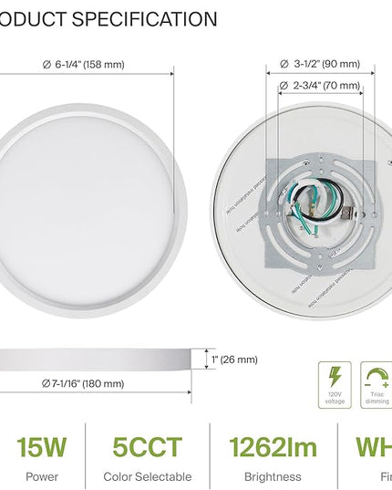 ASD LED 7" Round Flush Mount Ceiling Light Fixture, Low Profile Surface Lighting | 5CCT, Dimmable, Ultra-Thin, ETL Listed | 15W 1260LM 2700-6000K 120V | Kitchen, Bedroom, Hallway Lamp | White, 6 Pack