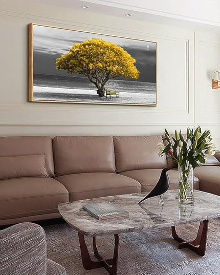 hyidecorart Framed Canvas Wall Art, 30x60in Yellow Trees, Living Room Wall Decor, Natural Wood Frames