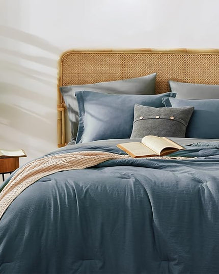 WRENSONGE King Size Comforter Set- 7 Pieces Blue Grey Bed in a Bag King with Fitted Sheet, Flat Sheet, 2 Pillow Shams, and 2 Pillowcases-Warm King Bedding Set for All Season