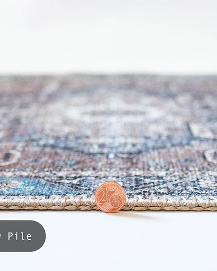 GLN Rugs Traditional Collection - Machine Washable Area Rug, Traditional Washable, Non Slip, Low Pile Chenille Rug, Living Room, Bedroom, Kitchen Rug (7'10"x10' Brown/Blue)