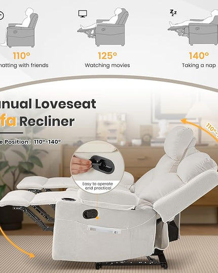 Reclining Sofa Couch,Loveseat Recliner Sofa with Drop Down Table/ 4 Cup Holder/Hidden Storage, Wall Hugger Recliner Sofa for Living Room & Home Theater & RV(Beige)