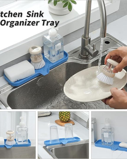 Silicone Bathroom Soap Dishes with Drain Spout-Bathroom and Kitchen Sink Organizer,Sponge Holder,Dish Soap Tray,Perfect for Dispenser,Scrubber,Bottle,Cup on Sink or Counter-Lichen Blue 12"×4"
