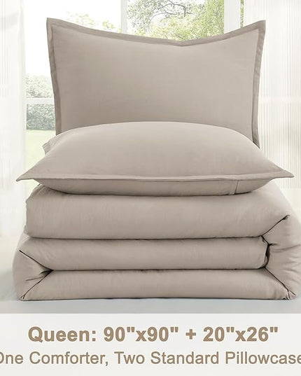 Litanika Oatmeal Comforter Queen Size, 3 Pieces Lightweight Solid Bedding Comforter Set, All Season Fluffy Bed Set (90x90In Comforter & 2 Pillowcases)