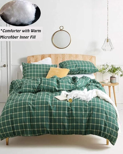 Houseri Plaid Comforter Set - Full Size Green Grid Bedding with Buffalo Checkered Comforter - Emerald and Jade Green Bedding Set - Teen Boys and Girls Quilt