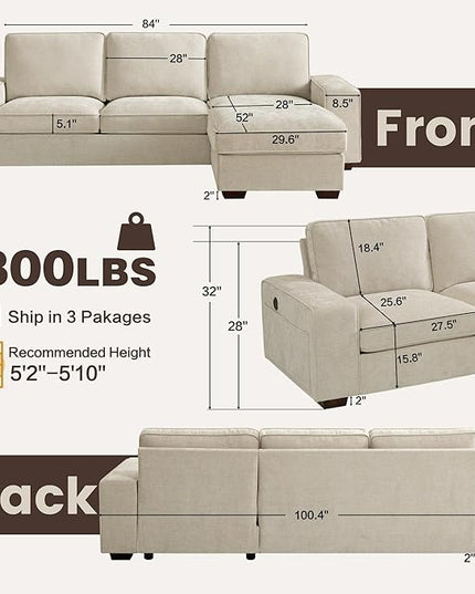 PARKOL 99" L-Shaped Sectional Couch with Storage, Sofa with Reversible Chaise, USB Type-C Charging, Chenille Fabric, Removable Cushion Covers, for Small Space, Apartment, Living Room, Beige