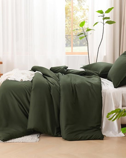 Litanika Dark Olive Green Comforter Set Full, 3 Pieces Solid Bedding Comforter Set, All Season Fluffy Bed Set (79x90In Comforter & 2 Pillowcases)