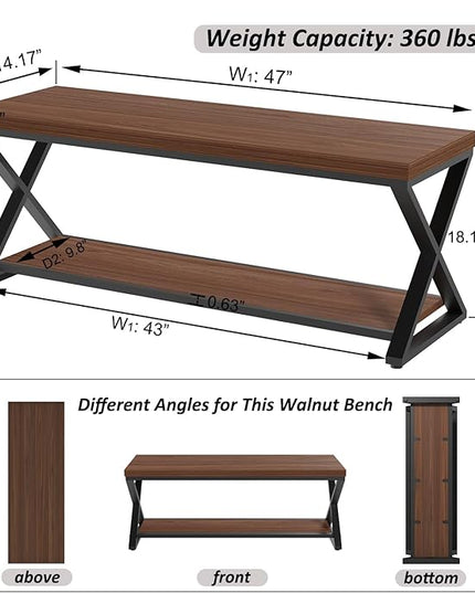 IBF Wood Entryway Bench Indoor, Industrial Wooden Metal Entry Shoe Storage Bench in Bedroom, Farmhouse Hallway Shoe Rack Bench Seating for Foyer Living Dining Room End of Bed, Walnut, 47 Inch