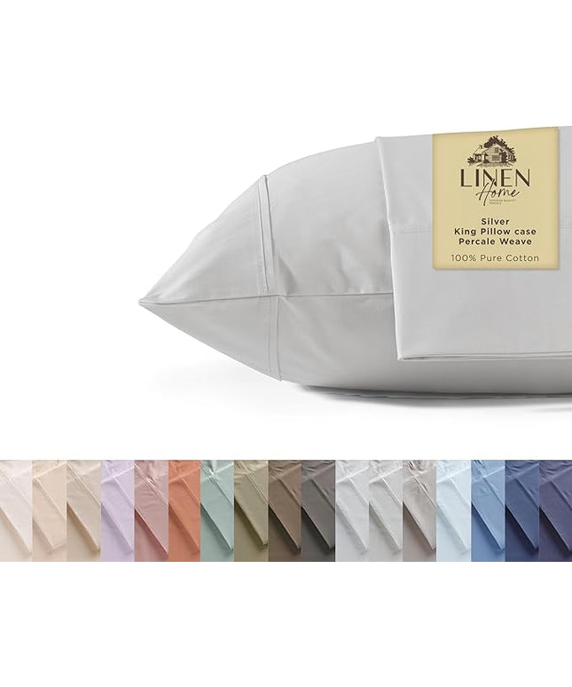 Linen Home 100% Cotton Percale Pillowcases King Size, Silver, 2 Pieces of Pillow Case, Crisp and Cool Strong Bed Linen, 20 inches X 40 inches
