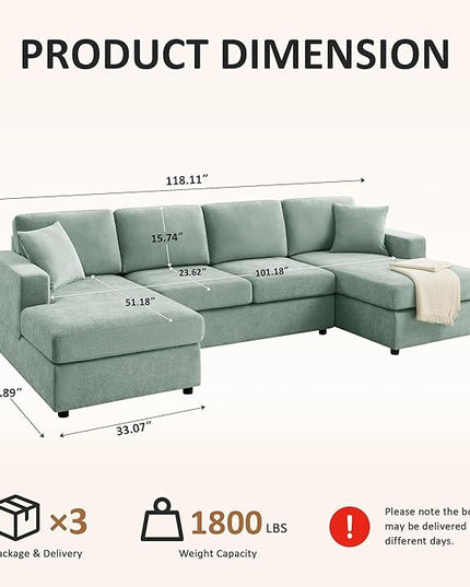 VANOMi 118'' U Shaped Sectional Sofa, 4 Seat Modern Sectional Couch, Double Chaise Longue, Cozy Chenille Sofa Couches for Living Room Apartment, Mint