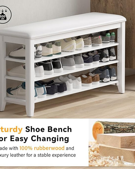 Shoe Rack Bench Entryway Storage with Leather Cushion, Shoe Organizer Bench for Entryway, Ideal for Front Doors Entrances Hallway Mudroom Featuring Rubberwood And 3 Height-Adjustable Removable Shelve