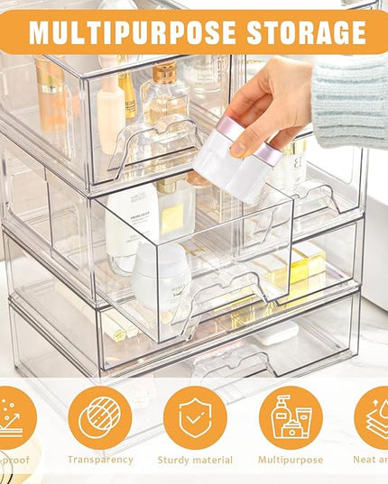 6 Pack Stackable Storage Drawers Clear Acrylic Organizer Makeup Bathroom Organizer and Storage Bins for Beauty Supplies,Ideal for Vanity, Bathroom,Pantry Organization
