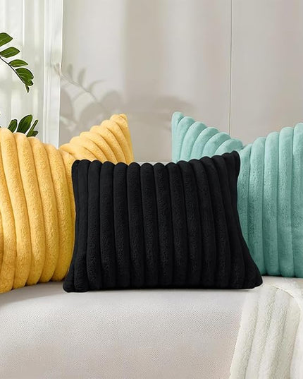 decorUhome Faux Fur Spring Throw Pillow Covers 22x22 Set of 2, Decorative Soft Plush Striped Neutral Couch Euro Pillow Covers with Velvet Back for Sofa, Bed, Living Room Home Decor, Mustard Yellow