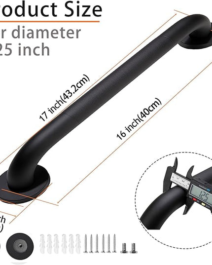 Shower Grab Bar, 2 Pack 16 Inch Black Bathroom Grab Bar, 1.25" Diameter 304 Stainless Steel Anti-Slip Grab Bars for Bathtubs and Showers, Handicap Shower Grab Bar for Seniors Elderly
