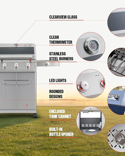 Monument Grills 3+1 Outdoor Barbecue Stainless Steel Propane Gas Grill, 3 Burners & 1 Side Burner 48,000 BTU Patio Garden Grill with Knob Controls, Mesa305