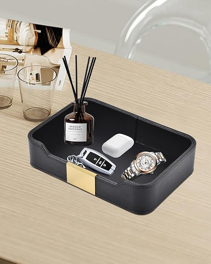 Luxury Leather Valet Tray Desktop Storage Organizer,Bedside Vanity Catchall Tray Nightstand Caddy Holder for Cosmetic,Jewelry,Watch,Keys,Phone,Wallet,Remote Controller,Pen,Black
