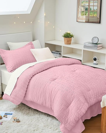 HYMOKEGE Pink/Ivory Twin XL Comforter Set Seersucker 5 Pieces, All Season Luxury Bed in a Bag for Bedroom, Bedding Set with Comforter, Sheets, Pillowcase & Sham