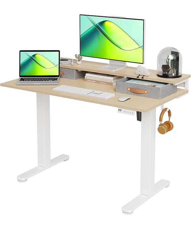 Claiks Electric Standing Desk with 2 Drawers, Adjustable Standing Desks with Storage, Height Adjustable Stand up Desk for Home Office with 2 Hooks,48 Inch Natural