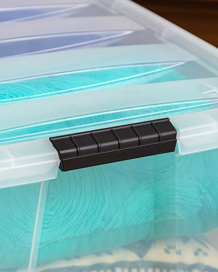 IRIS USA 94 Qt Stackable Plastic Storage Bins with Lids, 4 Pack - BPA-Free, Made in USA - See-Through Organizing Solution, Latches, Durable Nestable Containers, Secure Pull Handle - Clear