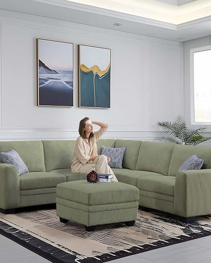 Legend Vansen Oversized Modular Sectional Sofa,6 Seat U Shaped Couch with Ottoman,Corduroy Sofa with Deep Seat,Convertible Large Sectional Couches for Living Room (Olive, L-6)