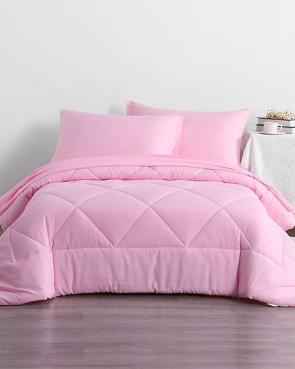 NTBAY Twin Comforter Set with Sheets, 5 Pieces Soft and Breathable Twin Bedding Set, Twin Bed in a Bag, Down Alternative Comforter Set Solid Color All Season, Kids Bedding Set, Pink