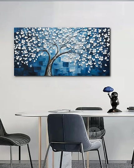 SSNEEKNDG Blue Tree of Life Wall Art for Bedroom White Flower Tree Large Artwork for Living Room Office Kitchen Modern Aesthetic Pictures Canvas Prints 24"x48"