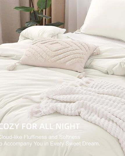 Litanika Oversized King Comforters Ivory Super King Plus Size, 3 Pieces Lightweight Solid Bedding Comforter Set, All Season Fluffy Bed Set (128x120In Comforter & 2 Pillowcases)