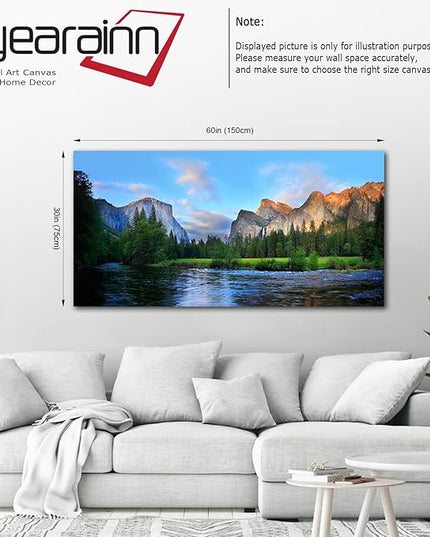 Canvas Wall Art Panorama of Yosemite Valley Painting Canvas Artwork Lake Mountain National Park Nature Pictures Framed Wall Art for Living Room Bedroom Office Wall Decor Home Decoration 29" x 58"