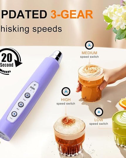 YUSWKO Light Purple Handheld Milk Frother Wand for Coffee, Rechargeable Electric Whisk with 3 Heads 3 Speeds Drink Mixer Coffee Frother For Latte, Cappuccino, Hot Chocolate, Egg