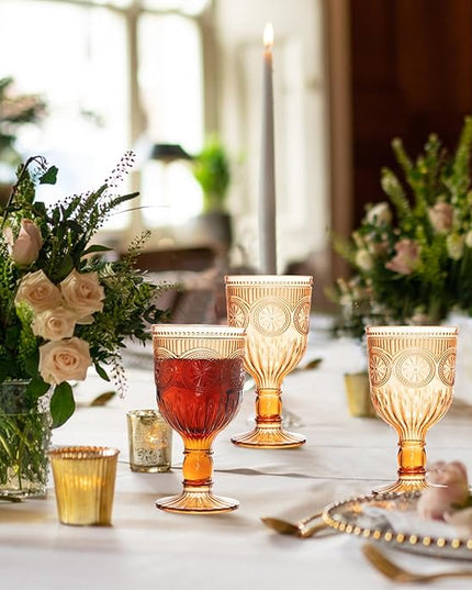 24 Pack Vintage Wine Glasses, Plastic Reusable 12 Ounce Colored Water Goblets, Unique Flower Embossed Pattern Unbreakable Stemmed Wine Glasses High Clear Wedding Party Bar Drinking Cups Amber