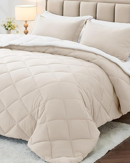 MUXHOMO 5 Pieces Twin Comforter Set, Reversible Bed in a Bag Twin Size, All Season Bedding Set with Comforter, Flat Sheet, Fitted Sheet, Pillowcases & Shams, Beige & White
