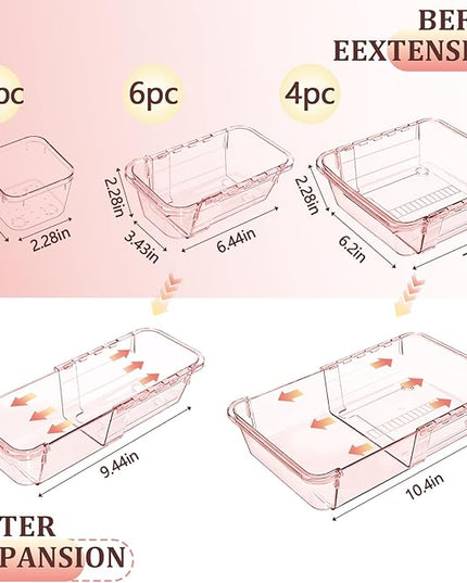 20 Pcs Adjustable Clear Drawer Organizer, Extendable Vanity Storage Bins, Desk Drawer Organizer Set for Makeup, Cosmetics, Bedroom, and Gadgets, Pink