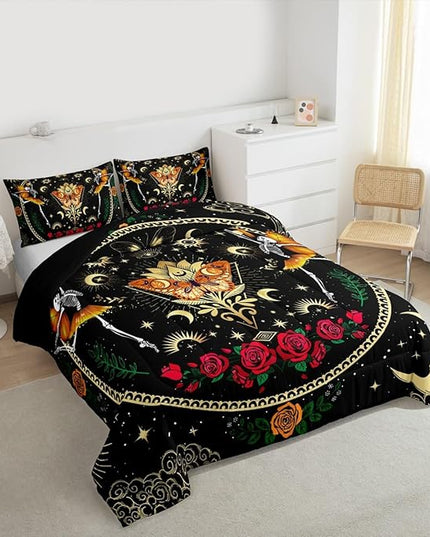 Sun Moon Kids Comforter Set Full Size,Starry Sky Galaxy Trippy Bedding Set,Boys Girls Adults Room Decor,Butterfly Skull Rose Flowers Romantic Down Comforter,Watercolor Duvet Insert,2 Pillowcases