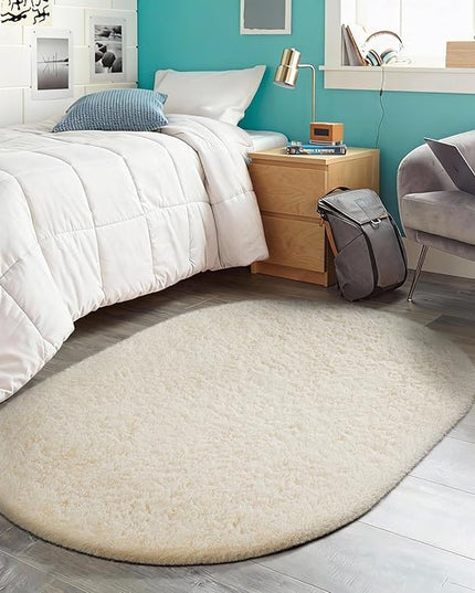 Ophanie 3x5 Oval Rug, Bedside Preppy Dorm Area Rug, College Essentials Non Slip Ivory Small Carpets for Bedroom, Anti Slip Fluffy Living Room Rugs Home Decor Aesthetic, Nursery
