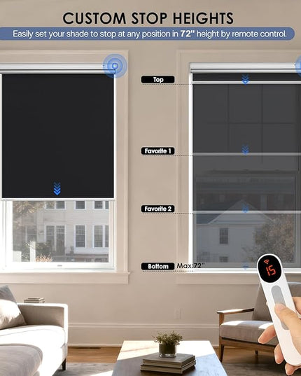 Motorized Roller Blinds with Remote Control & Solar Panel - 100% Blackout Smart Blinds, Automatic, Cordless, Electric Shades - Compatible with Alexa - Black, 46" W x 72" H