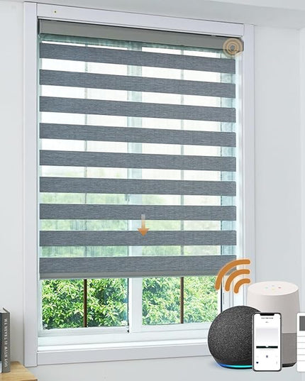 Cordless Motorized Zebra Blinds for Windows Blackout with Remote, Custom Dual Layer Smart Zebra Shades Work with Alexa Google, Automatic Electric Light Filtering Roller Sheer Shades, Grey