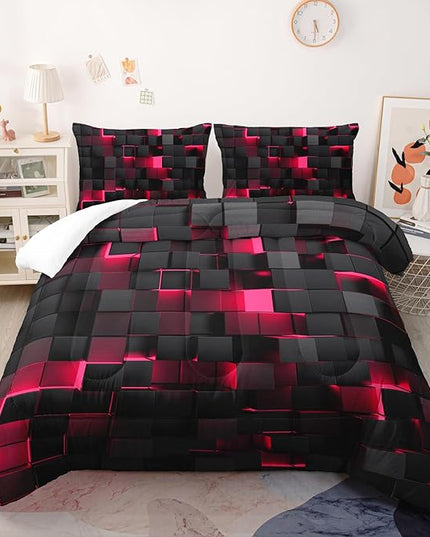 Geometric Pink Black Comforter Set,Light Honeycomb 3 Piece Bedding Set Twin Size for Teen Boys,Modern Quilt Set Geometry Decor,Microfiber Lightweight 1 Comforter 2 Pillowcases All Season